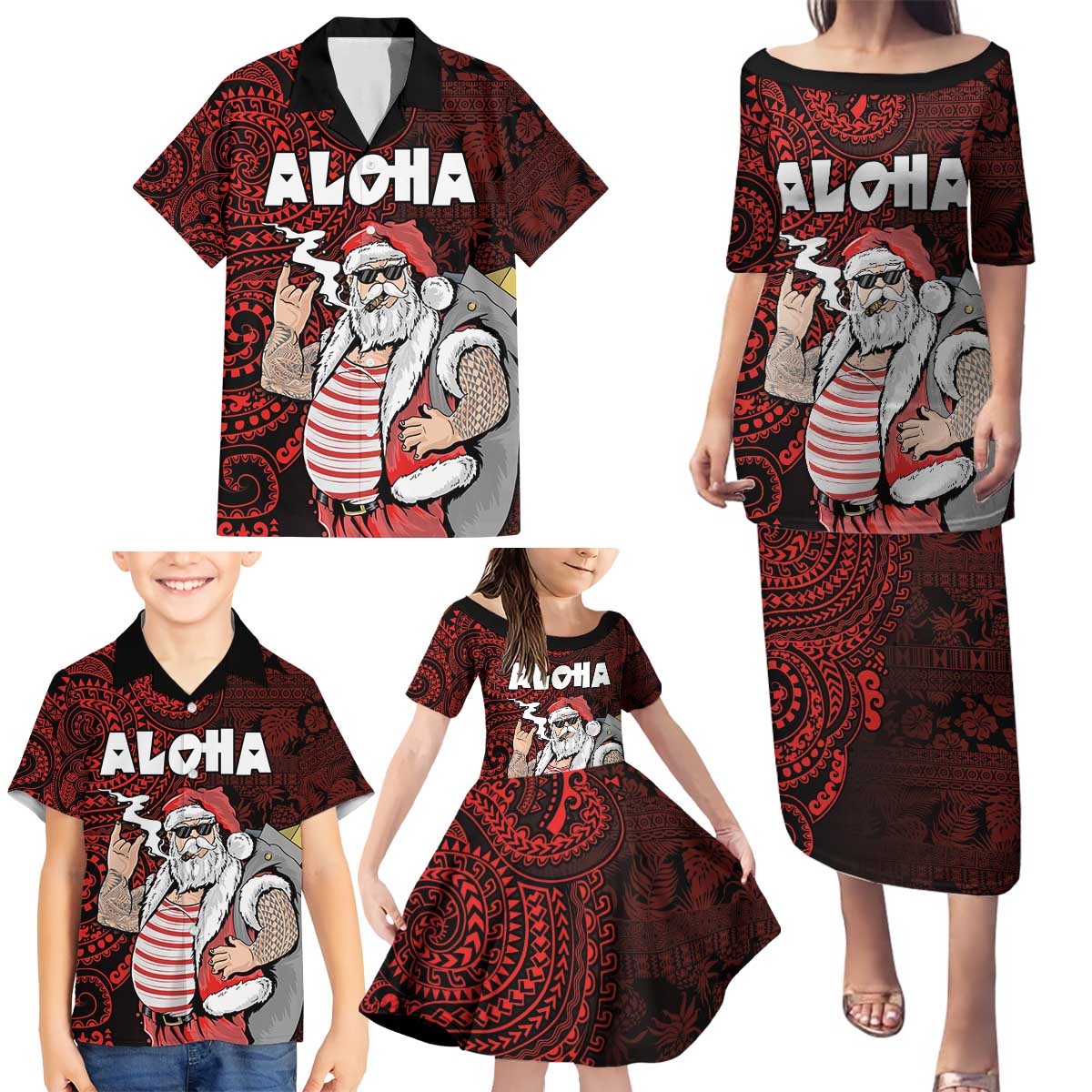 Hawaii Aloha Santa Claus Funny Polynesian Tattoo Family Matching Puletasi and Hawaiian Shirt Red Color