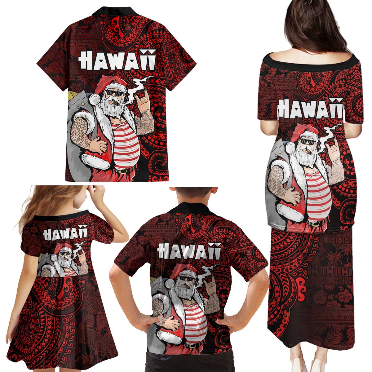 Hawaii Aloha Santa Claus Funny Polynesian Tattoo Family Matching Puletasi and Hawaiian Shirt Red Color