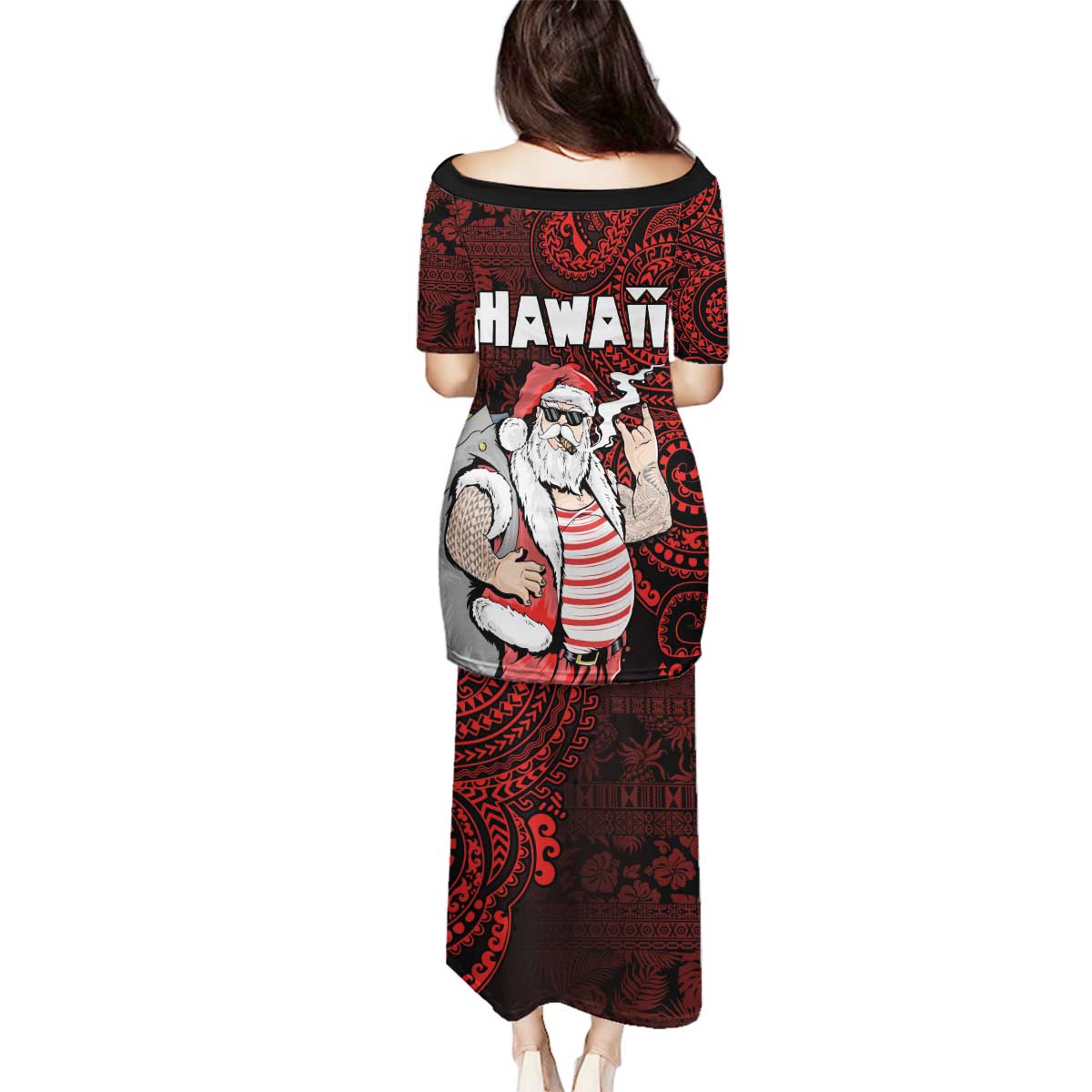 Hawaii Aloha Santa Claus Funny Polynesian Tattoo Family Matching Puletasi and Hawaiian Shirt Red Color