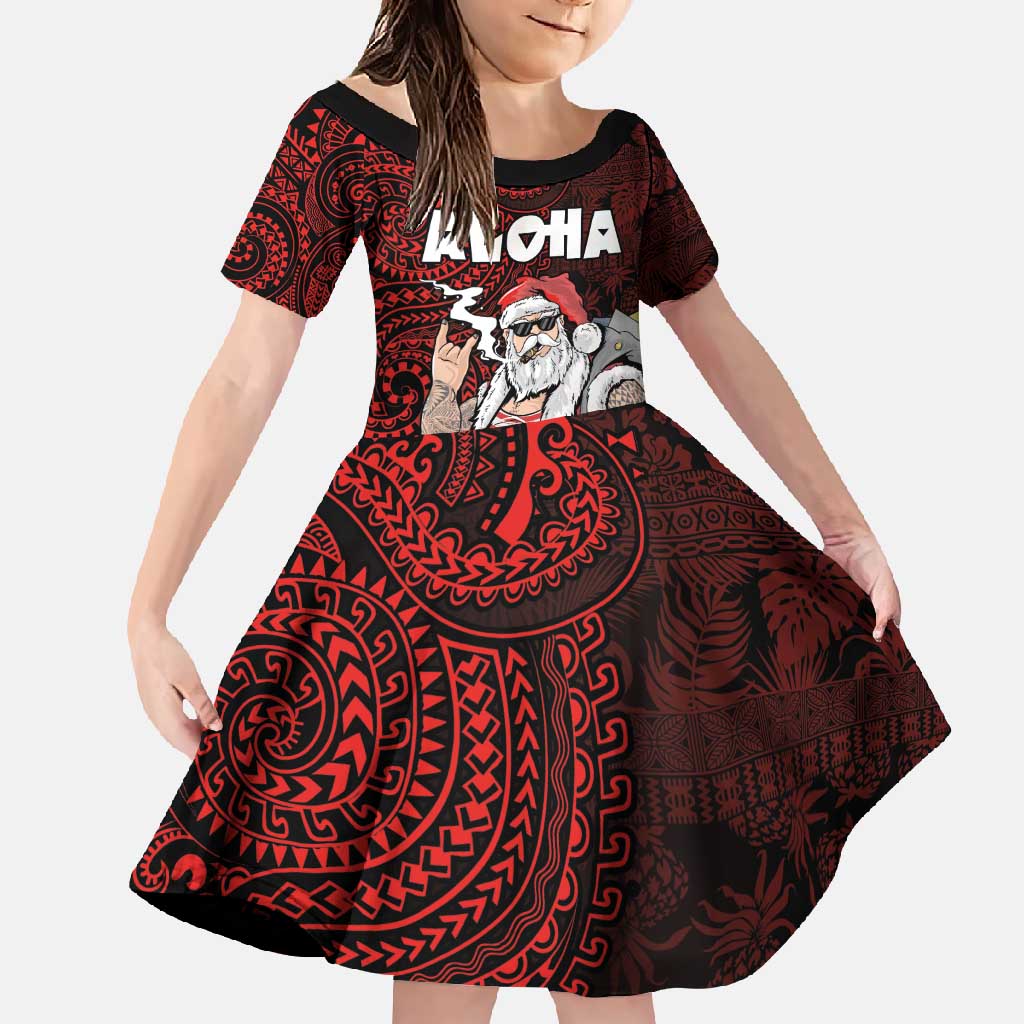 Hawaii Aloha Santa Claus Funny Polynesian Tattoo Family Matching Short Sleeve Bodycon Dress and Hawaiian Shirt Red Color LT03 Daughter's Dress Red - Polynesian Pride