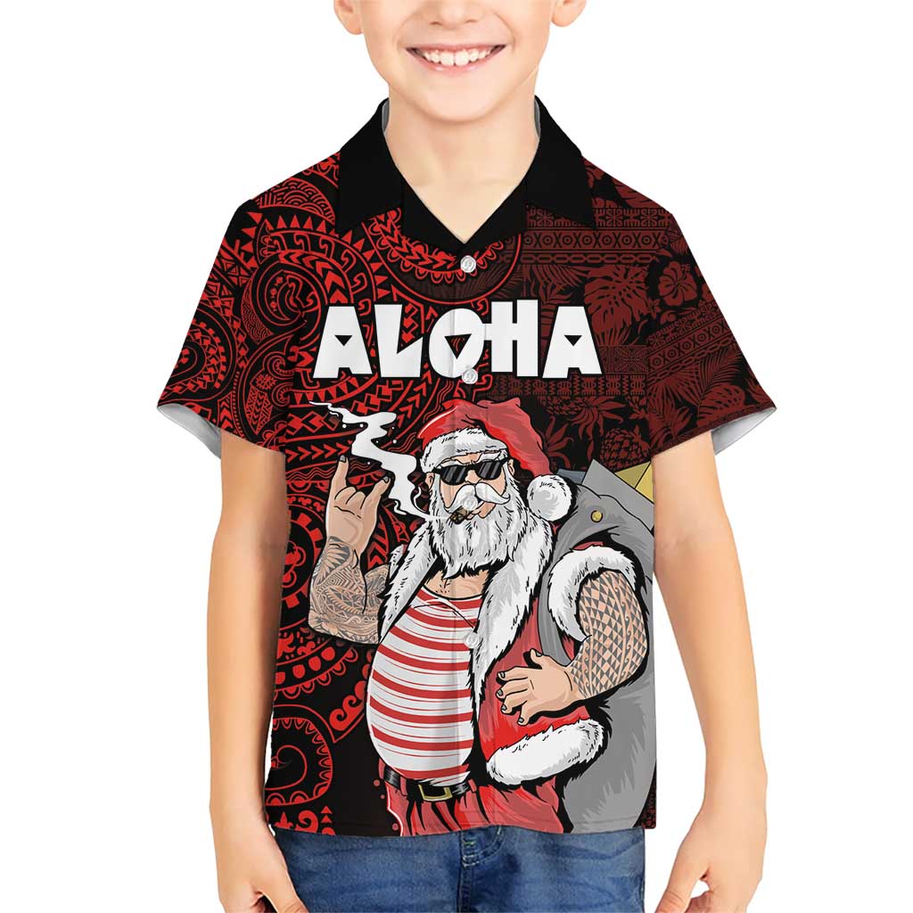 Hawaii Aloha Santa Claus Funny Polynesian Tattoo Family Matching Short Sleeve Bodycon Dress and Hawaiian Shirt Red Color LT03 Son's Shirt Red - Polynesian Pride