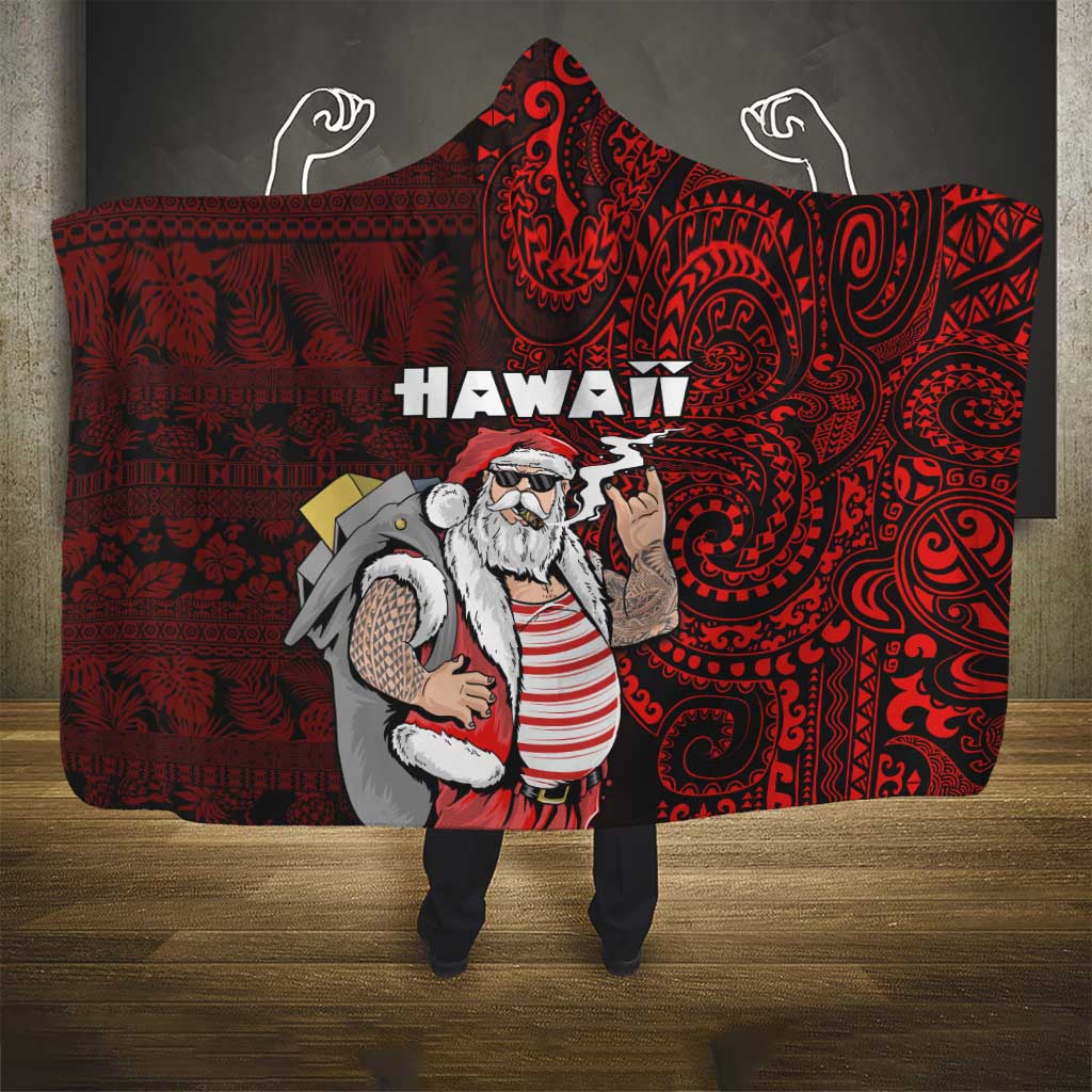 Hawaii Aloha Santa Claus Funny Polynesian Tattoo Hooded Blanket Red Color LT03 - Polynesian Pride