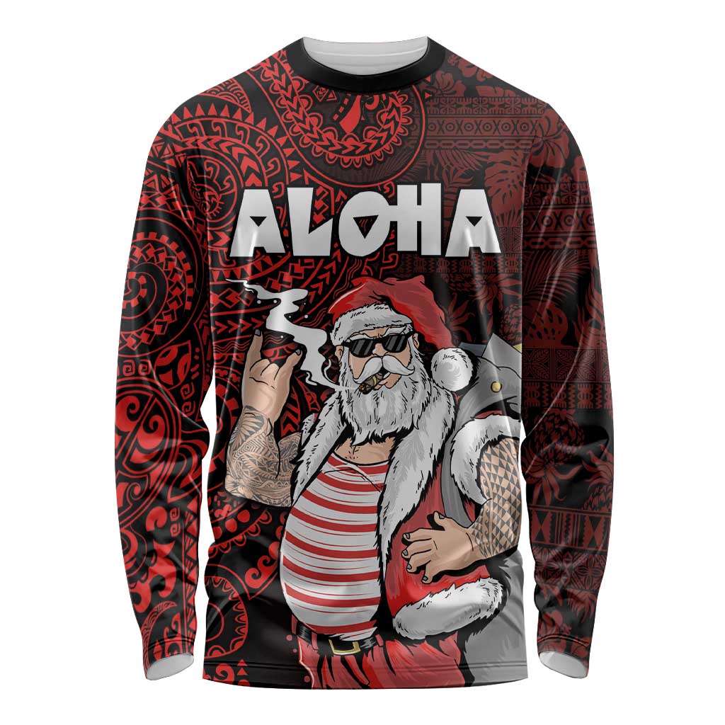 Hawaii Aloha Santa Claus Funny Polynesian Tattoo Long Sleeve Shirt Red Color LT03 Unisex Red - Polynesian Pride