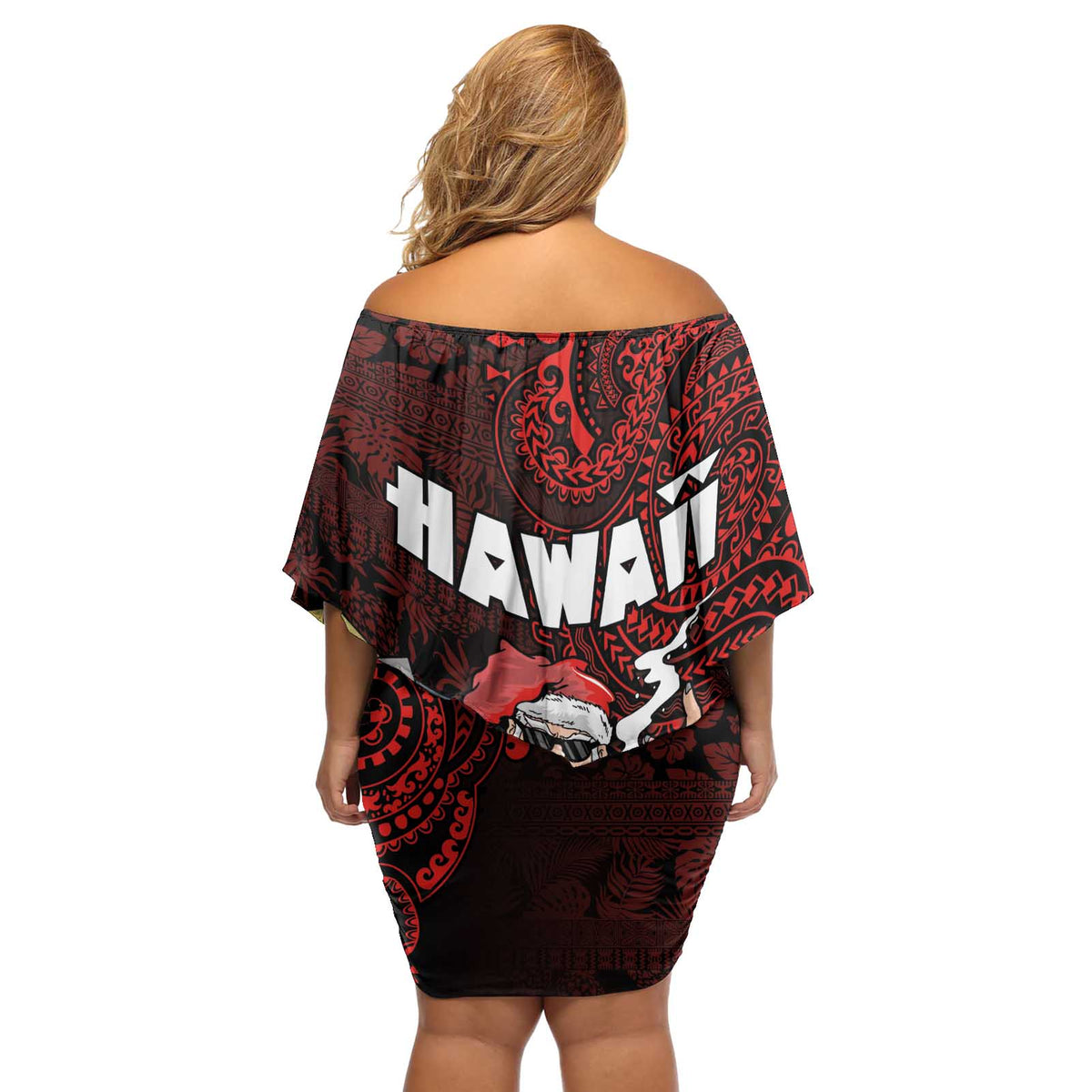 Hawaii Aloha Santa Claus Funny Polynesian Tattoo Off Shoulder Short Dress Red Color LT03 - Polynesian Pride