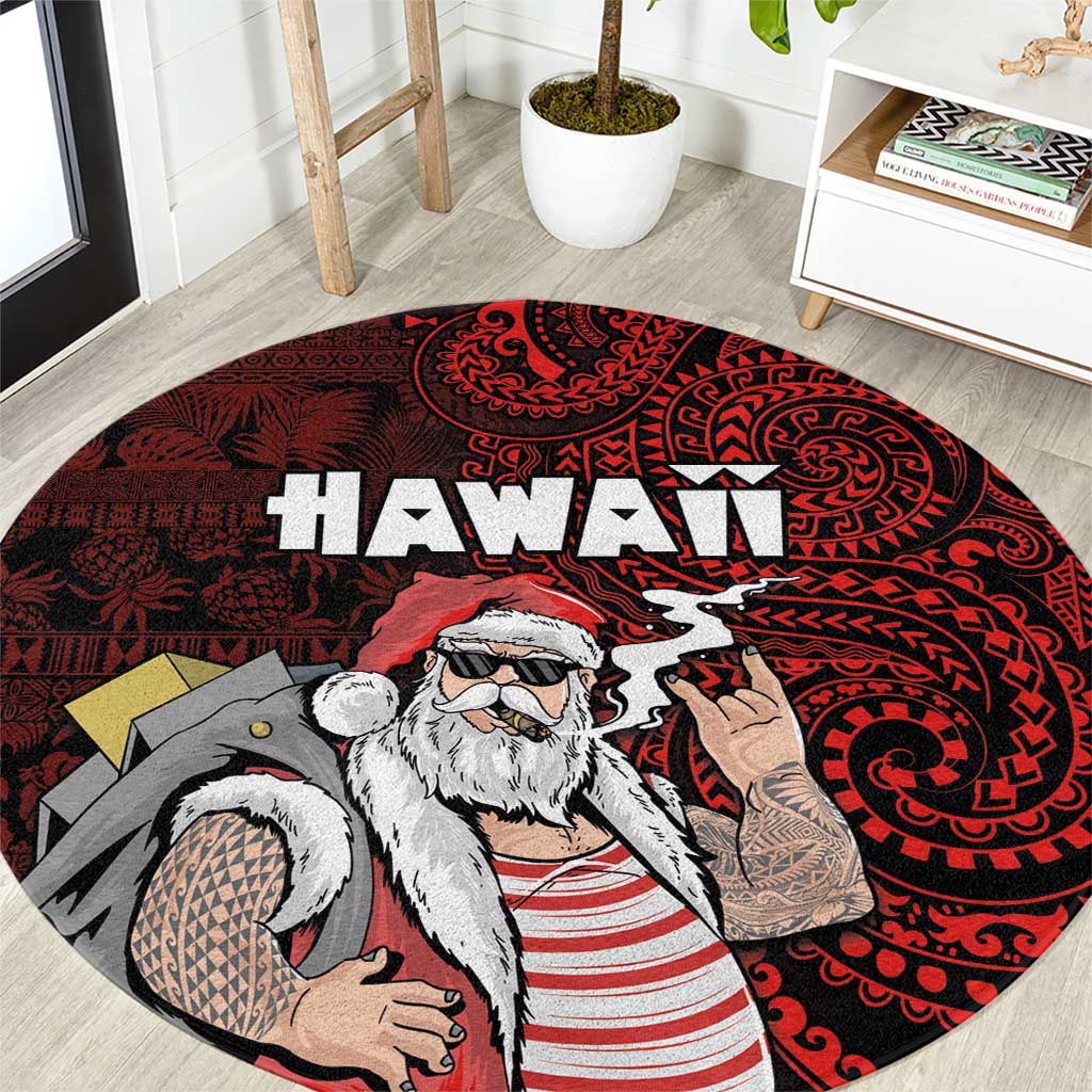 Hawaii Aloha Santa Claus Funny Polynesian Tattoo Round Carpet Red Color LT03 Red - Polynesian Pride