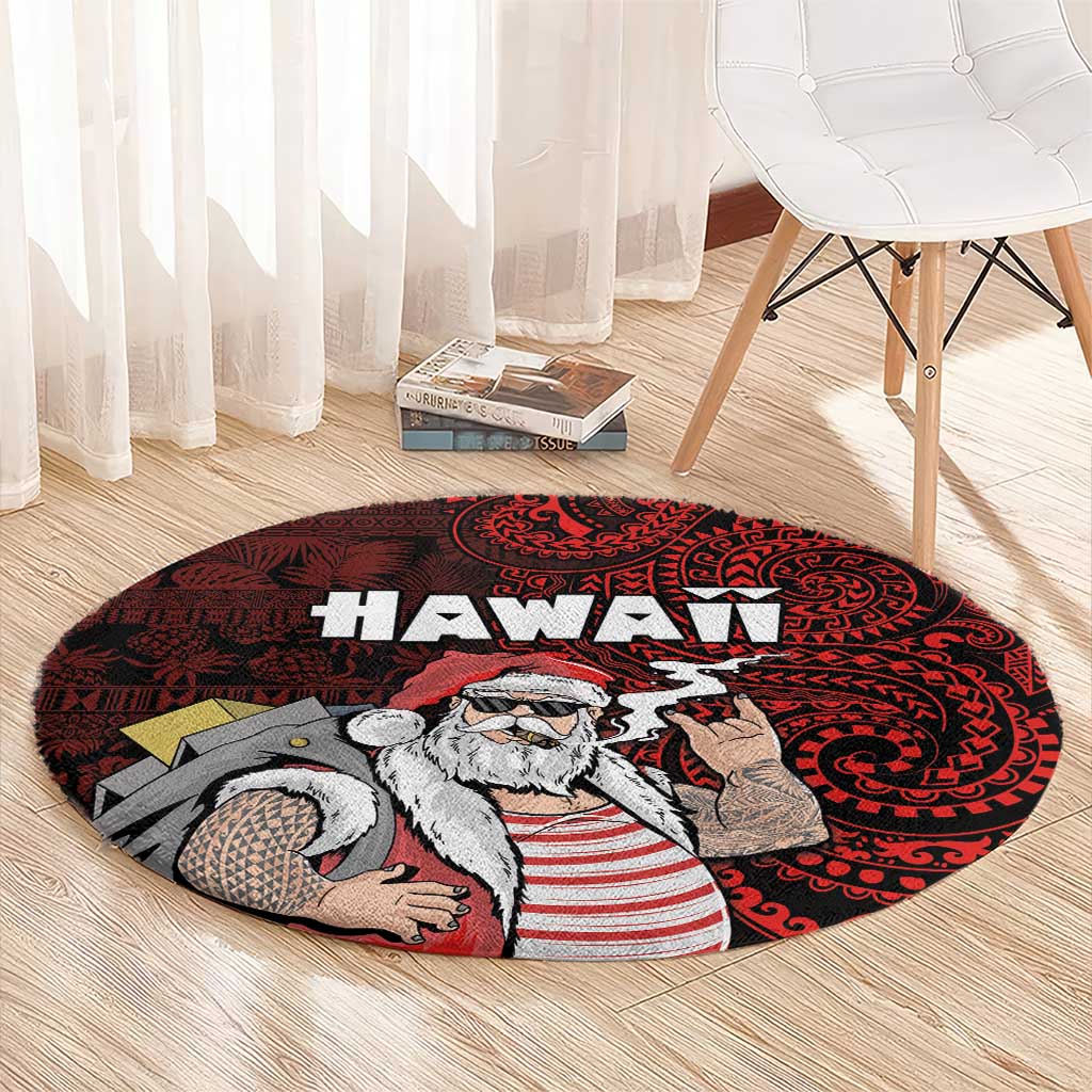 Hawaii Aloha Santa Claus Funny Polynesian Tattoo Round Carpet Red Color LT03 - Polynesian Pride