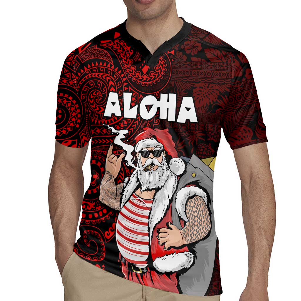Hawaii Aloha Santa Claus Funny Polynesian Tattoo Rugby Jersey Red Color