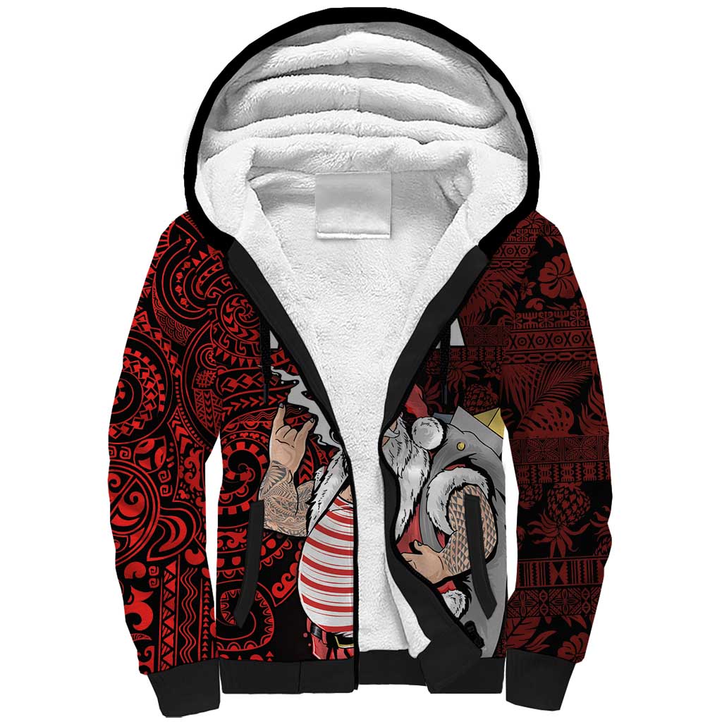 Hawaii Aloha Santa Claus Funny Polynesian Tattoo Sherpa Hoodie Red Color