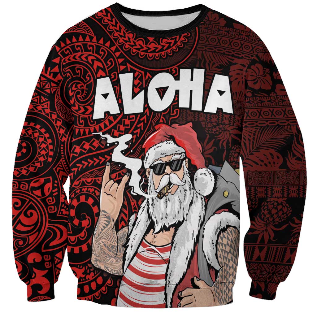 Hawaii Aloha Santa Claus Funny Polynesian Tattoo Sweatshirt Red Color