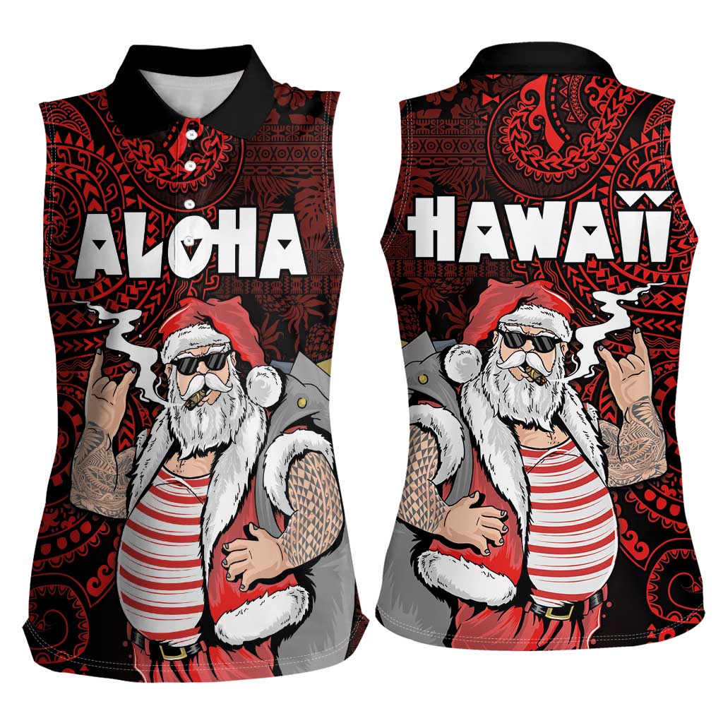 Hawaii Aloha Santa Claus Funny Polynesian Tattoo Women Sleeveless Polo Shirt Red Color