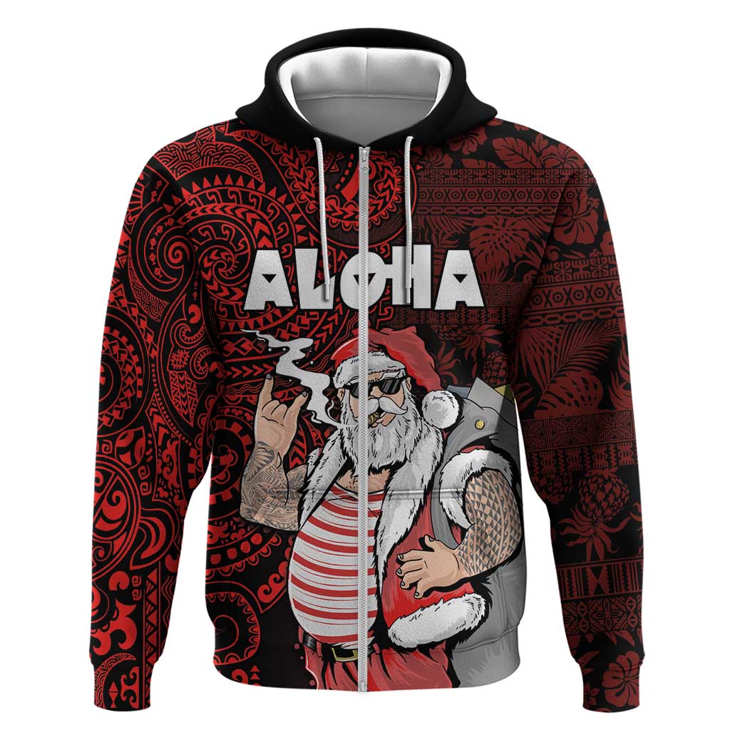 Hawaii Aloha Santa Claus Funny Polynesian Tattoo Zip Hoodie Red Color LT03 Zip Hoodie Red - Polynesian Pride