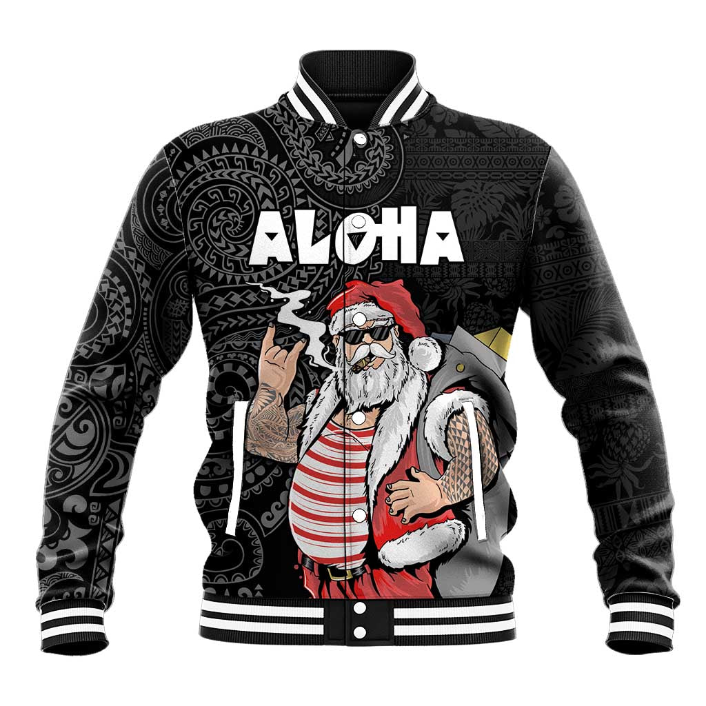 Hawaii Aloha Santa Claus Funny Polynesian Tattoo Baseball Jacket Black Color