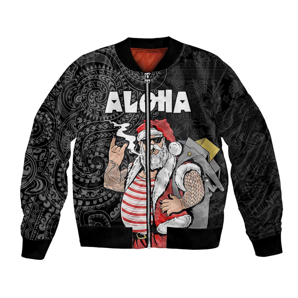Hawaii Aloha Santa Claus Funny Polynesian Tattoo Bomber Jacket Black Color LT03 Unisex Black - Polynesian Pride