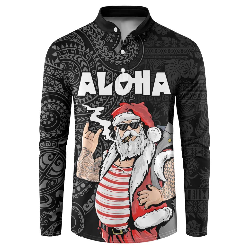 Hawaii Aloha Santa Claus Funny Polynesian Tattoo Button Sweatshirt Black Color