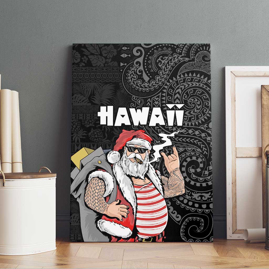 Hawaii Aloha Santa Claus Funny Polynesian Tattoo Canvas Wall Art Black Color