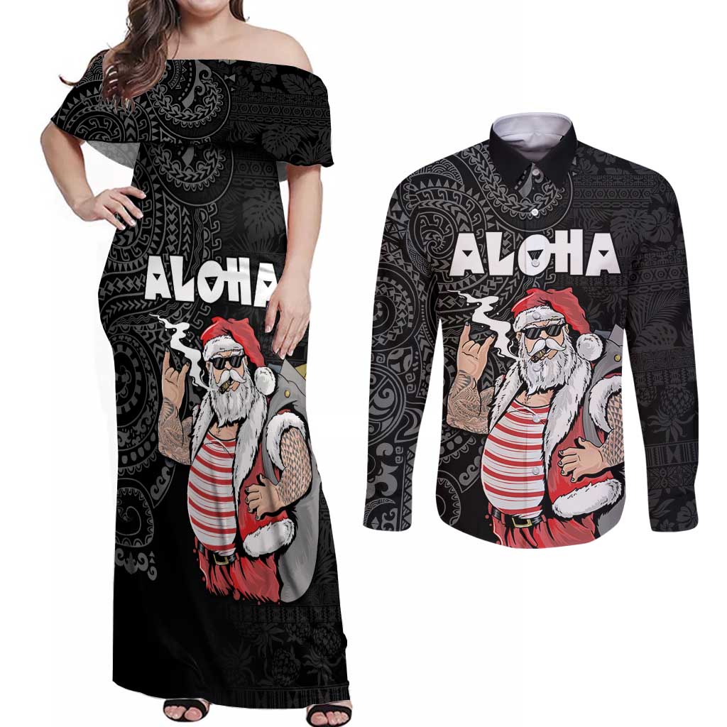 Hawaii Aloha Santa Claus Funny Polynesian Tattoo Couples Matching Off Shoulder Maxi Dress and Long Sleeve Button Shirt Black Color LT03 Black - Polynesian Pride