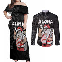Hawaii Aloha Santa Claus Funny Polynesian Tattoo Couples Matching Off Shoulder Maxi Dress and Long Sleeve Button Shirt Black Color LT03 Black - Polynesian Pride