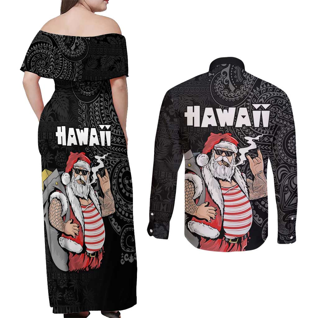 Hawaii Aloha Santa Claus Funny Polynesian Tattoo Couples Matching Off Shoulder Maxi Dress and Long Sleeve Button Shirt Black Color LT03 - Polynesian Pride