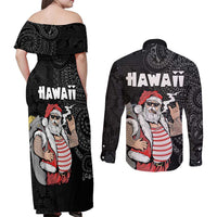 Hawaii Aloha Santa Claus Funny Polynesian Tattoo Couples Matching Off Shoulder Maxi Dress and Long Sleeve Button Shirt Black Color LT03 - Polynesian Pride