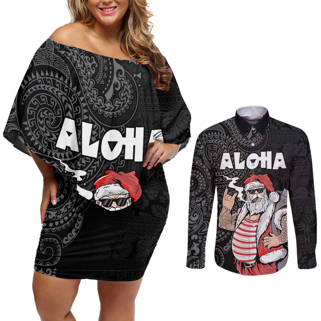Hawaii Aloha Santa Claus Funny Polynesian Tattoo Couples Matching Off Shoulder Short Dress and Long Sleeve Button Shirt Black Color LT03 Black - Polynesian Pride