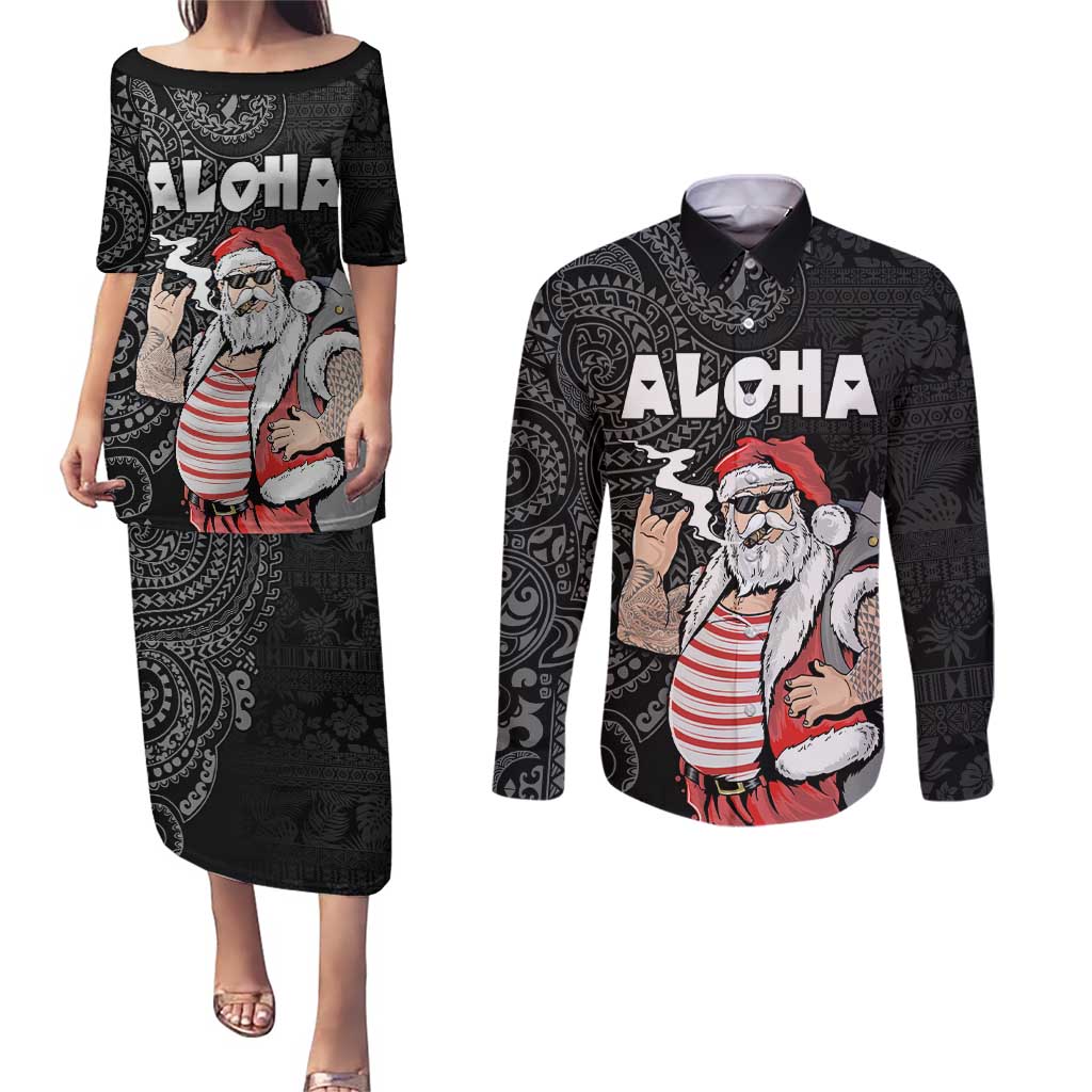Hawaii Aloha Santa Claus Funny Polynesian Tattoo Couples Matching Puletasi and Long Sleeve Button Shirt Black Color