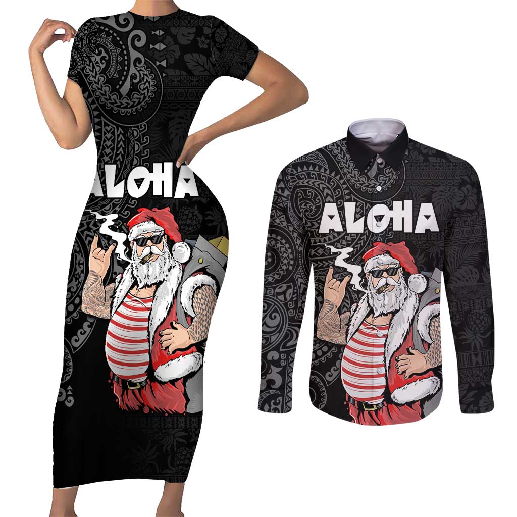 Hawaii Aloha Santa Claus Funny Polynesian Tattoo Couples Matching Short Sleeve Bodycon Dress and Long Sleeve Button Shirt Black Color LT03 Black - Polynesian Pride