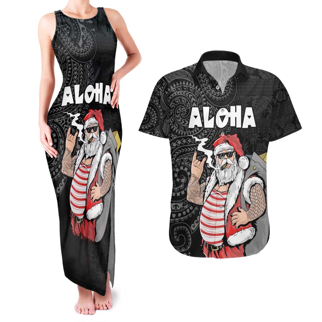 Hawaii Aloha Santa Claus Funny Polynesian Tattoo Couples Matching Tank Maxi Dress and Hawaiian Shirt Black Color LT03 Black - Polynesian Pride