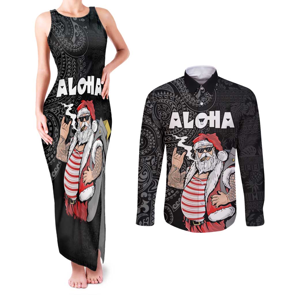 Hawaii Aloha Santa Claus Funny Polynesian Tattoo Couples Matching Tank Maxi Dress and Long Sleeve Button Shirt Black Color LT03 Black - Polynesian Pride