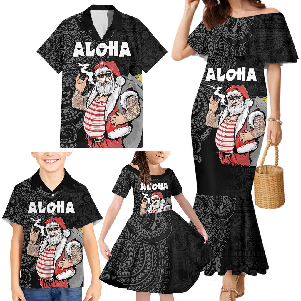 Hawaii Aloha Santa Claus Funny Polynesian Tattoo Family Matching Mermaid Dress and Hawaiian Shirt Black Color LT03 - Polynesian Pride