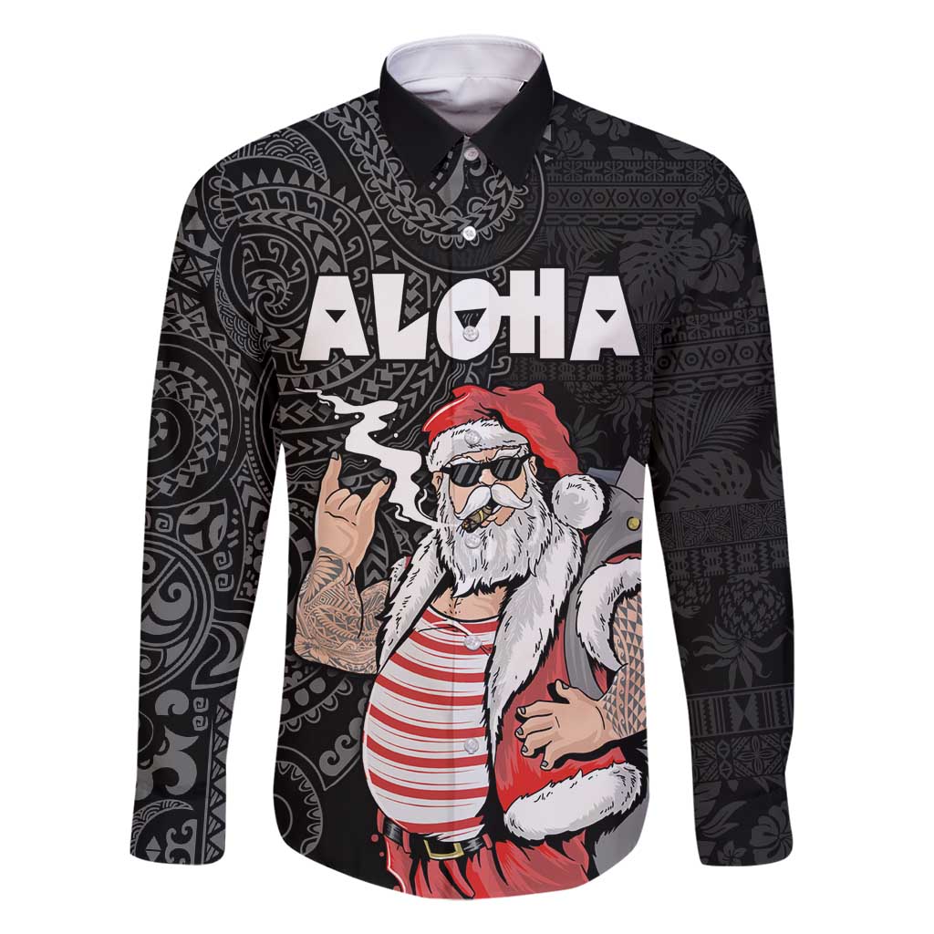 Hawaii Aloha Santa Claus Funny Polynesian Tattoo Family Matching Mermaid Dress and Hawaiian Shirt Black Color LT03 Dad's Shirt - Long Sleeve Black - Polynesian Pride