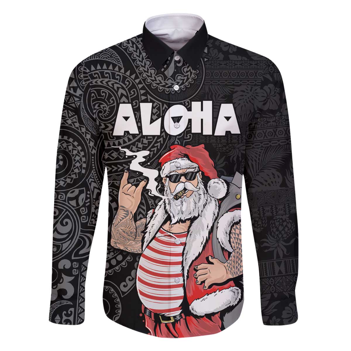 Hawaii Aloha Santa Claus Funny Polynesian Tattoo Family Matching Off Shoulder Short Dress and Hawaiian Shirt Black Color LT03 Dad's Shirt - Long Sleeve Black - Polynesian Pride