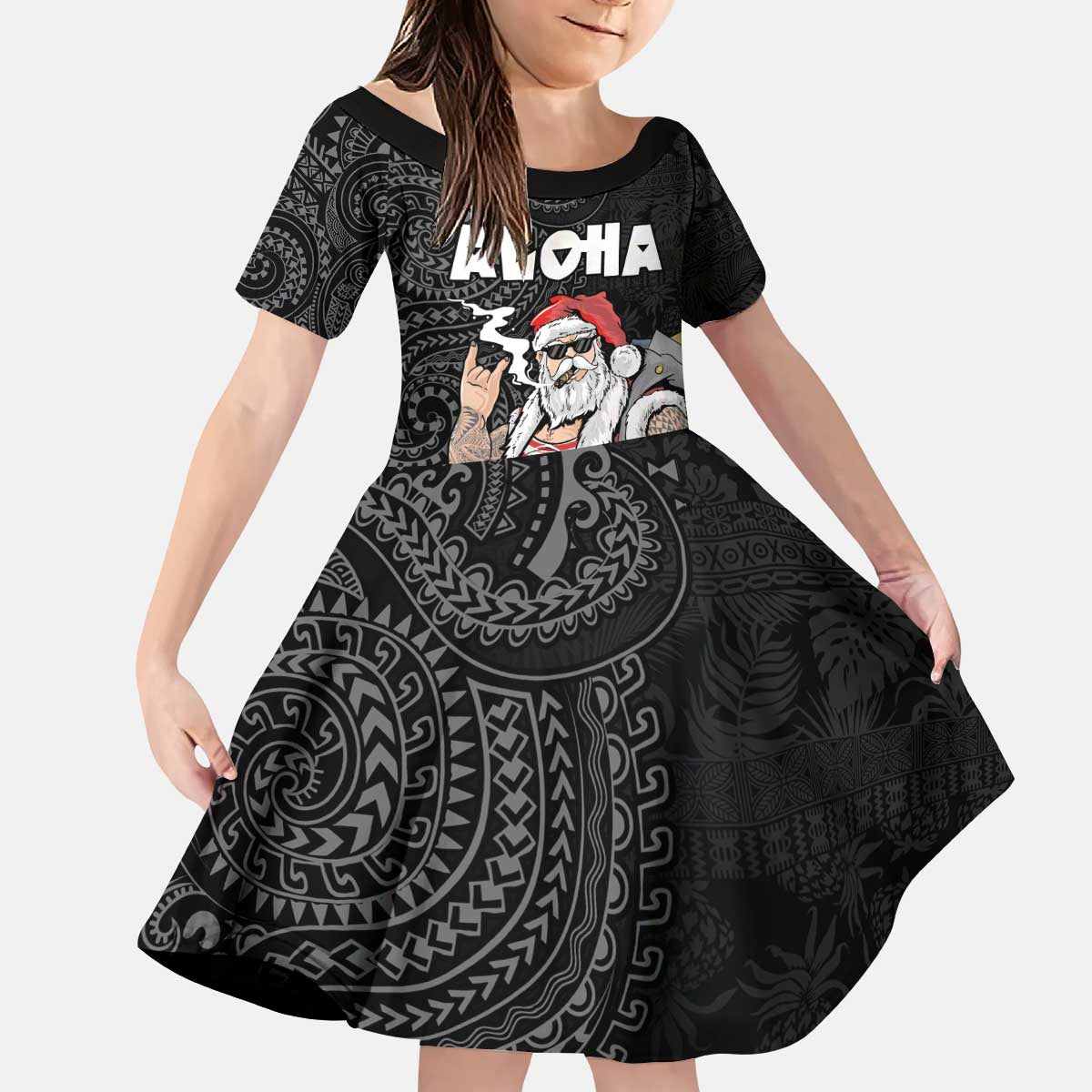 Hawaii Aloha Santa Claus Funny Polynesian Tattoo Family Matching Puletasi and Hawaiian Shirt Black Color