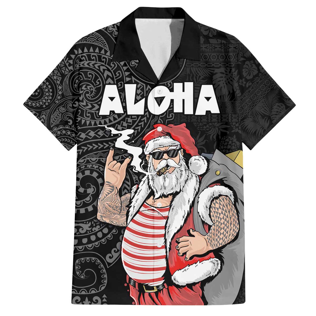 Hawaii Aloha Santa Claus Funny Polynesian Tattoo Family Matching Puletasi and Hawaiian Shirt Black Color