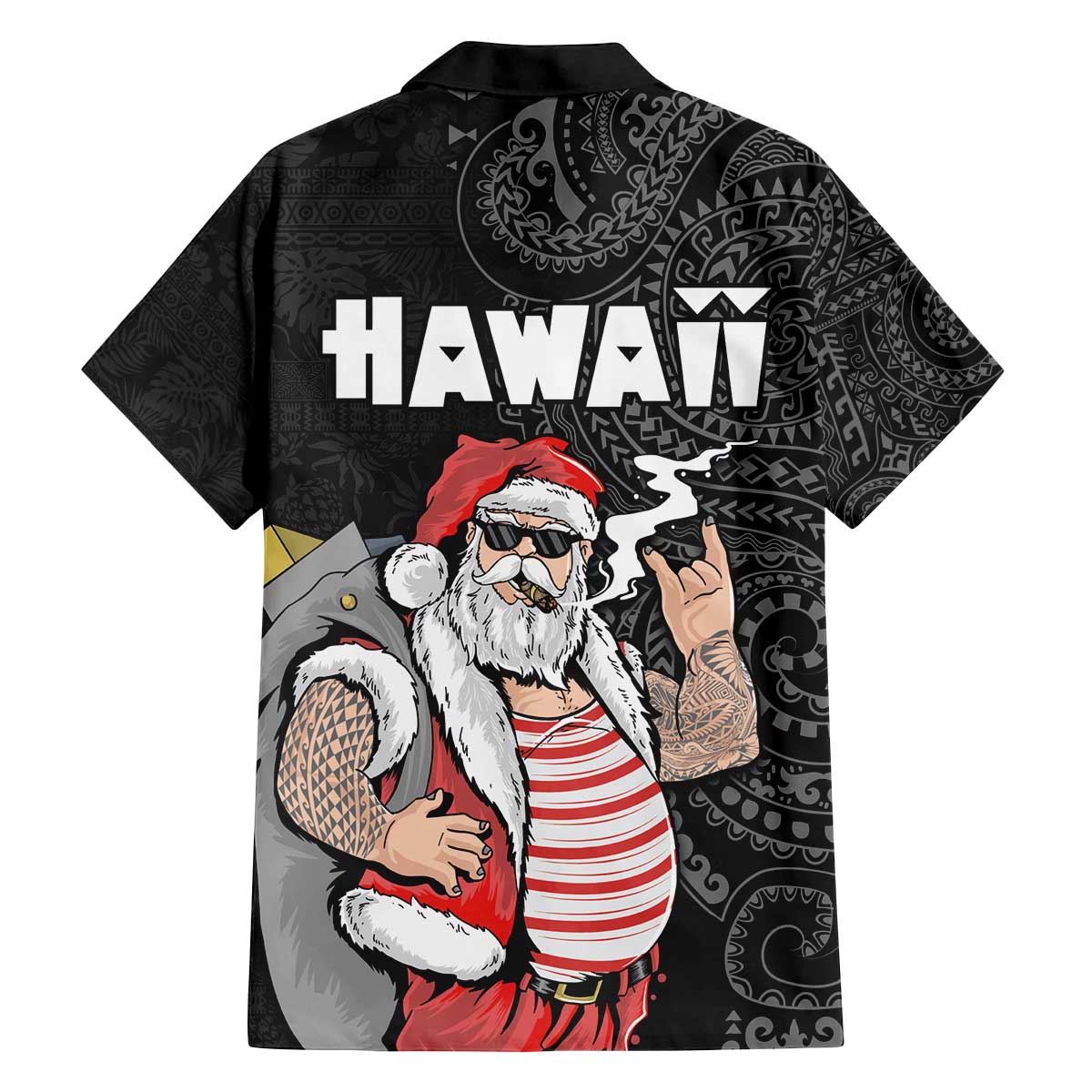 Hawaii Aloha Santa Claus Funny Polynesian Tattoo Family Matching Puletasi and Hawaiian Shirt Black Color