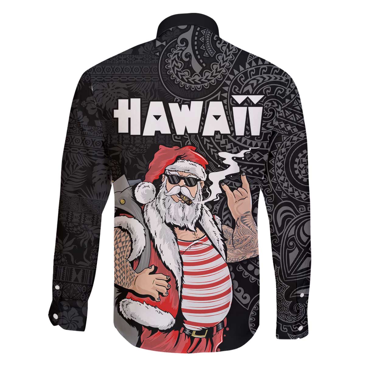 Hawaii Aloha Santa Claus Funny Polynesian Tattoo Family Matching Puletasi and Hawaiian Shirt Black Color