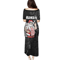 Hawaii Aloha Santa Claus Funny Polynesian Tattoo Family Matching Puletasi and Hawaiian Shirt Black Color