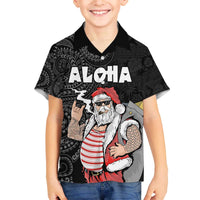 Hawaii Aloha Santa Claus Funny Polynesian Tattoo Family Matching Puletasi and Hawaiian Shirt Black Color