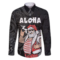 Hawaii Aloha Santa Claus Funny Polynesian Tattoo Family Matching Short Sleeve Bodycon Dress and Hawaiian Shirt Black Color LT03 Dad's Shirt - Long Sleeve Black - Polynesian Pride