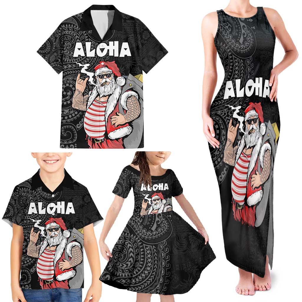 Hawaii Aloha Santa Claus Funny Polynesian Tattoo Family Matching Tank Maxi Dress and Hawaiian Shirt Black Color LT03 - Polynesian Pride