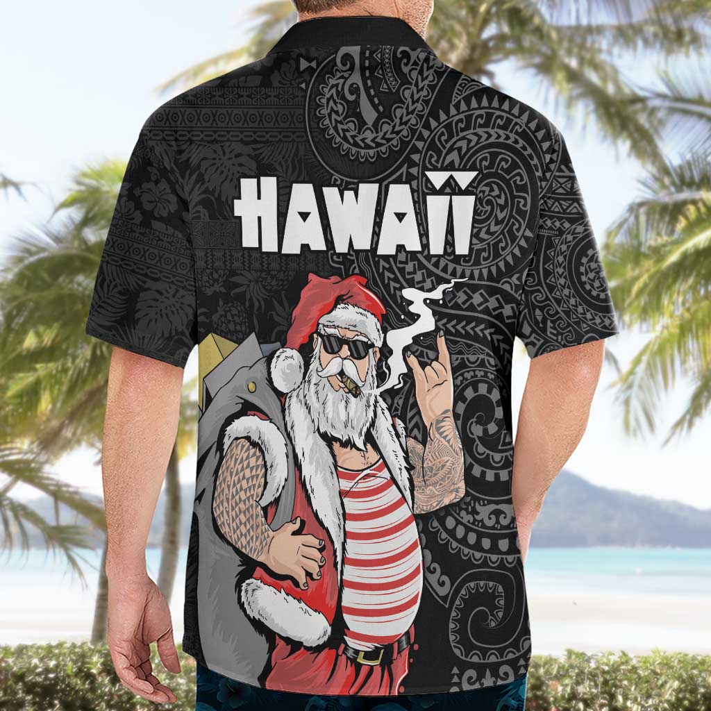 Hawaii Aloha Santa Claus Funny Polynesian Tattoo Hawaiian Shirt Black Color