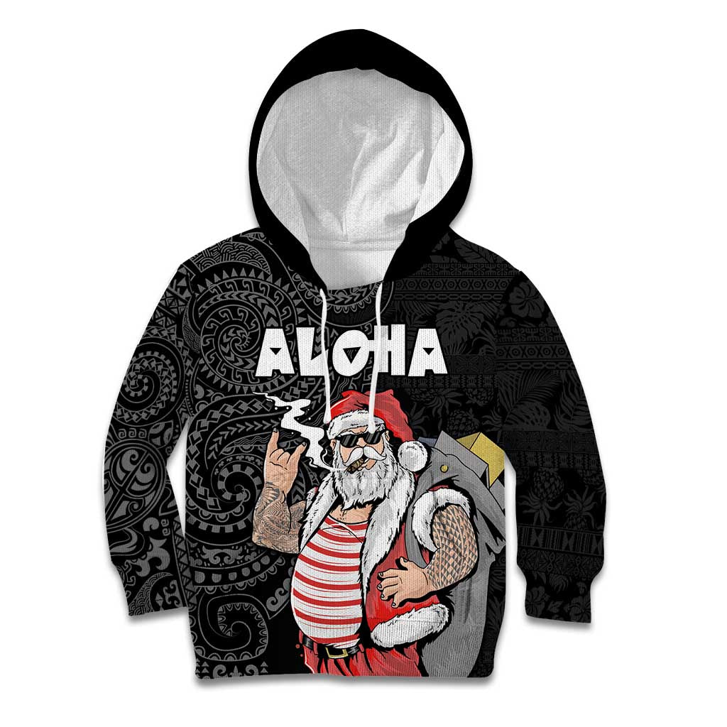 Hawaii Aloha Santa Claus Funny Polynesian Tattoo Kid Hoodie Black Color