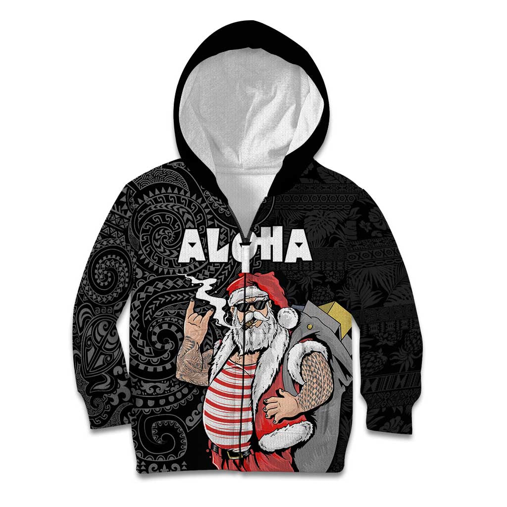 Hawaii Aloha Santa Claus Funny Polynesian Tattoo Kid Hoodie Black Color