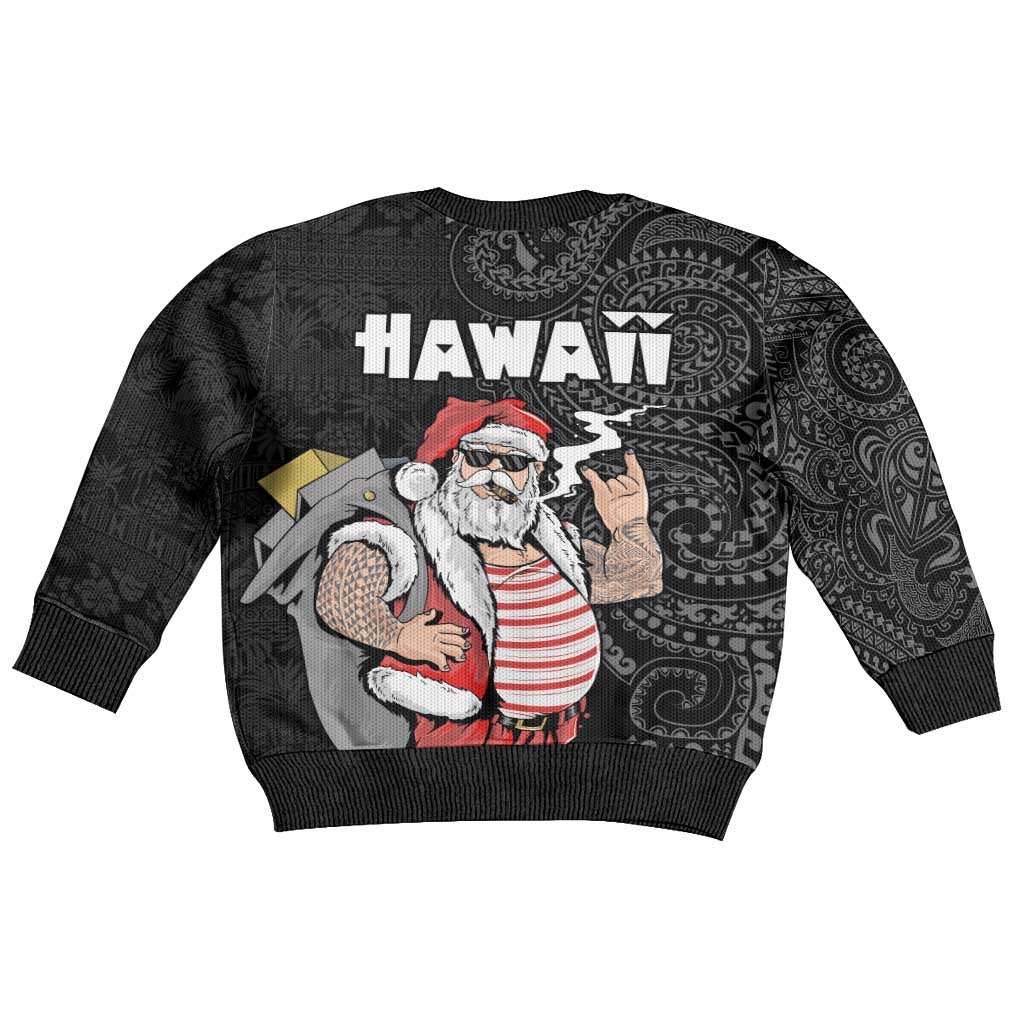 Hawaii Aloha Santa Claus Funny Polynesian Tattoo Kid Ugly Christmas Sweater Black Color