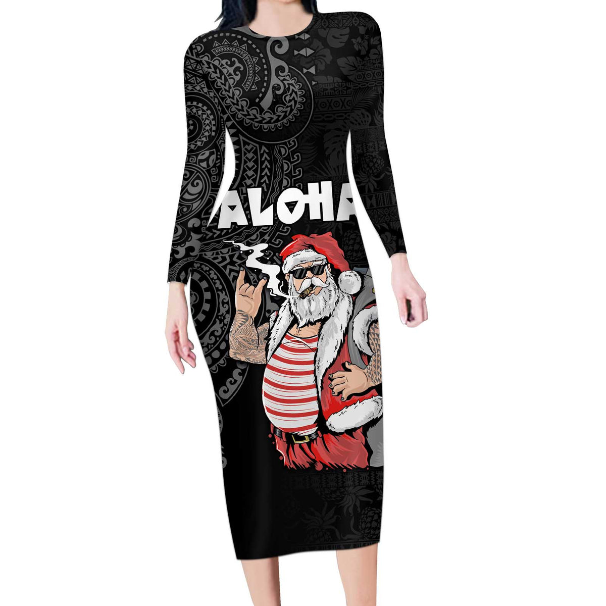 Hawaii Aloha Santa Claus Funny Polynesian Tattoo Long Sleeve Bodycon Dress Black Color LT03 Long Dress Black - Polynesian Pride