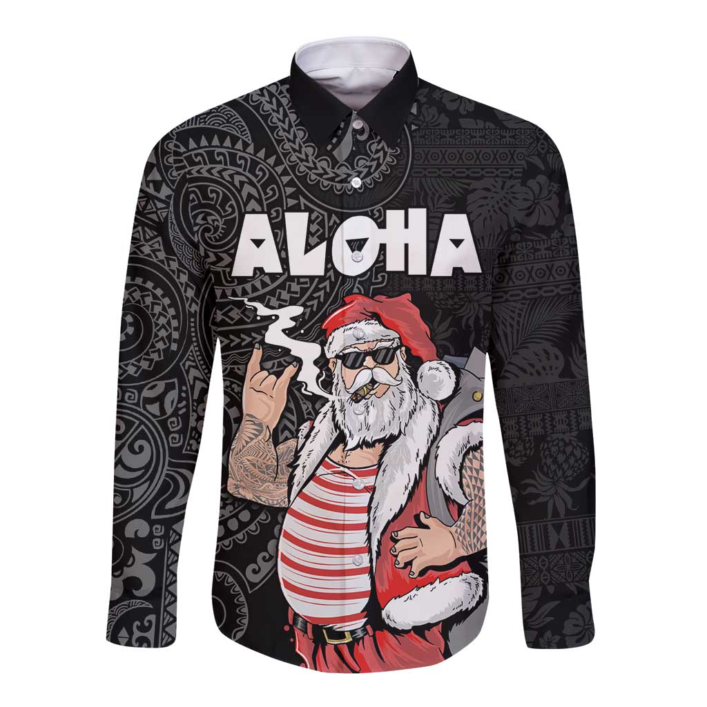Hawaii Aloha Santa Claus Funny Polynesian Tattoo Long Sleeve Button Shirt Black Color LT03 Unisex Black - Polynesian Pride