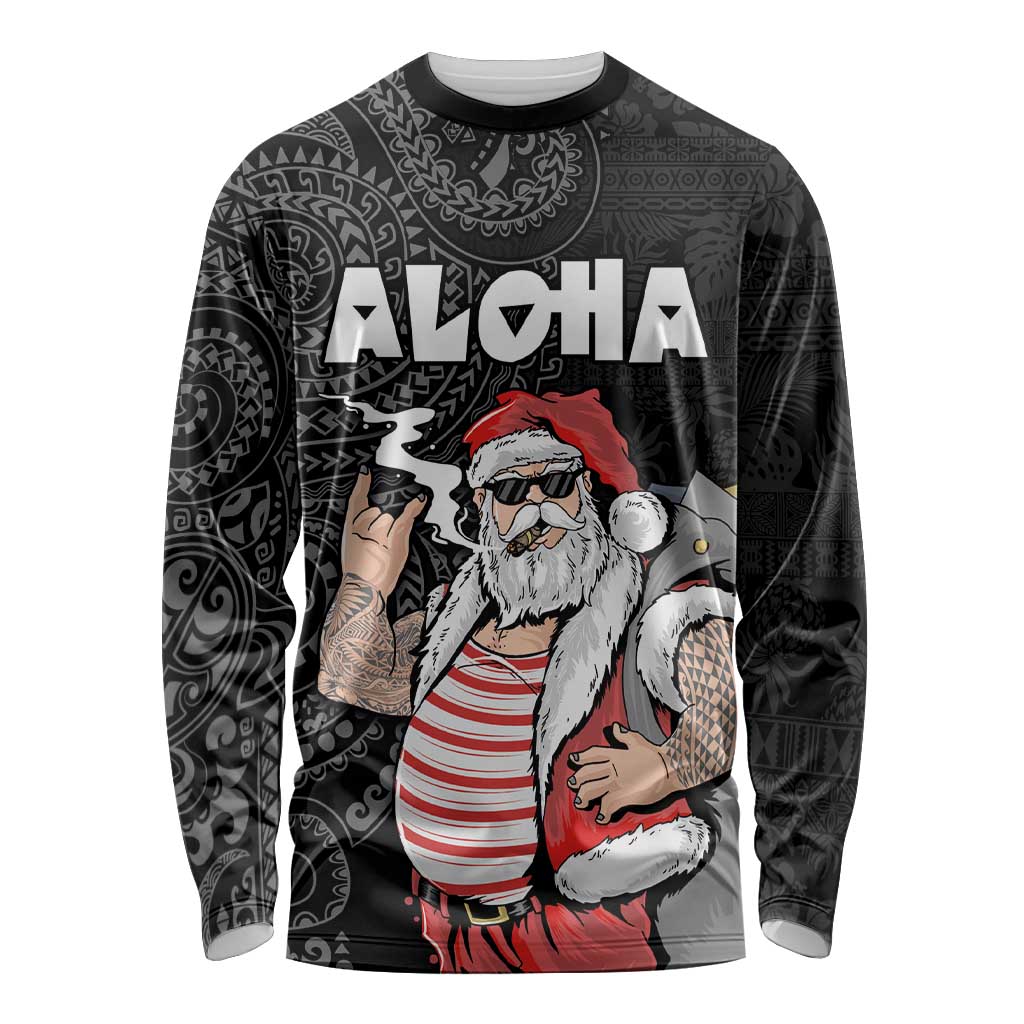 Hawaii Aloha Santa Claus Funny Polynesian Tattoo Long Sleeve Shirt Black Color LT03 Unisex Black - Polynesian Pride