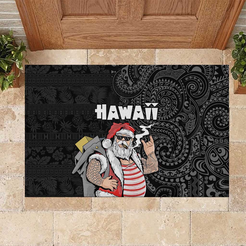 Hawaii Aloha Santa Claus Funny Polynesian Tattoo Rubber Doormat Black Color