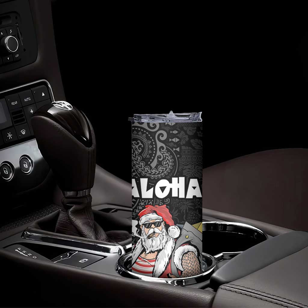 Hawaii Aloha Santa Claus Funny Polynesian Tattoo Skinny Tumbler Black Color