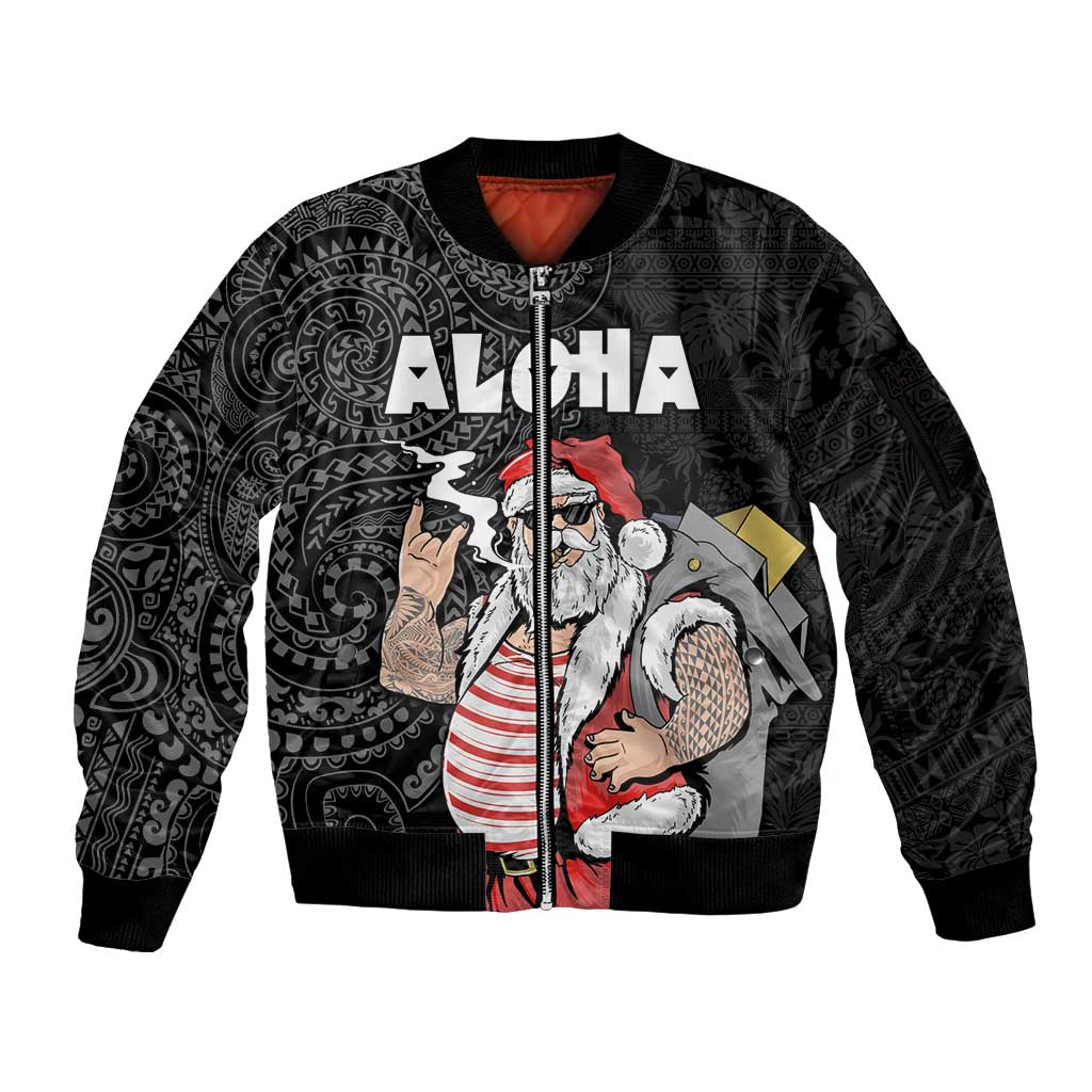 Hawaii Aloha Santa Claus Funny Polynesian Tattoo Sleeve Zip Bomber Jacket Black Color LT03 Unisex Black - Polynesian Pride
