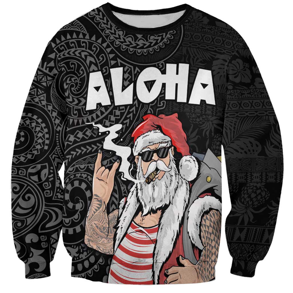 Hawaii Aloha Santa Claus Funny Polynesian Tattoo Sweatshirt Black Color